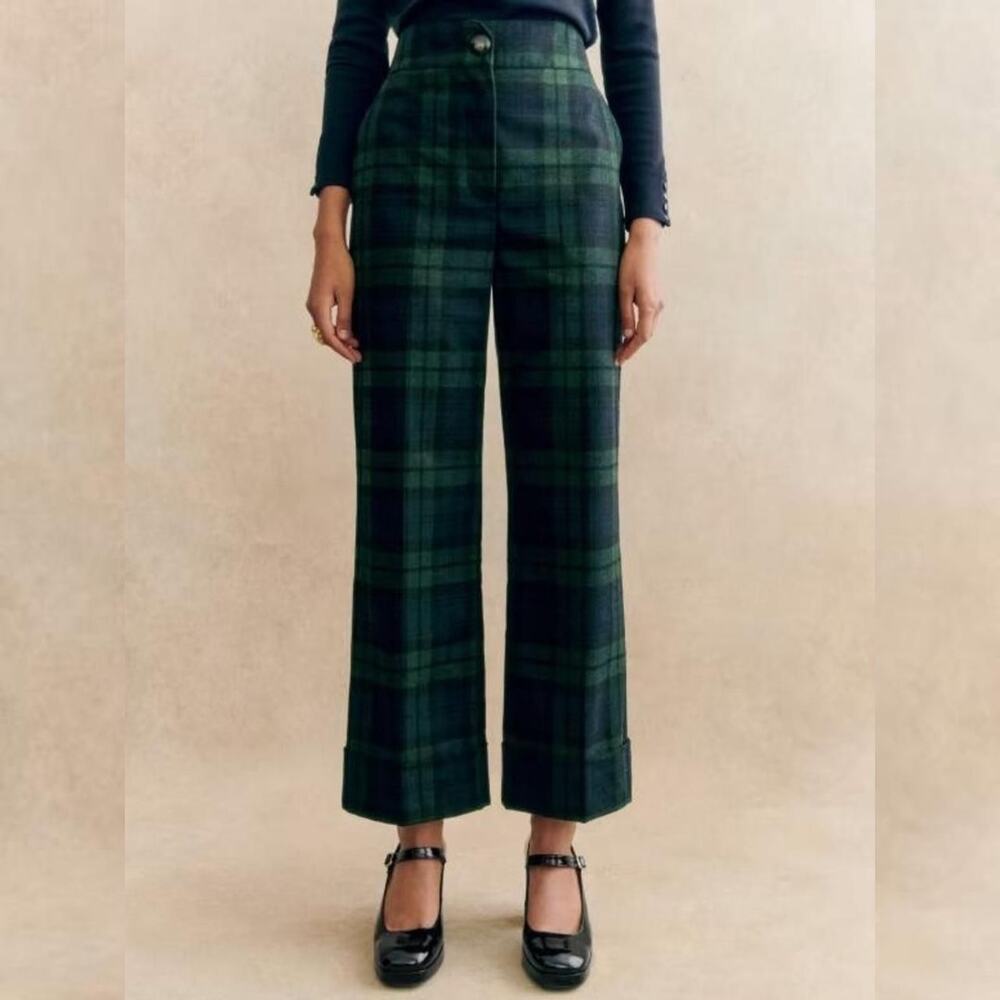 Sezane Dark Green Checkered Wide Leg Pants
